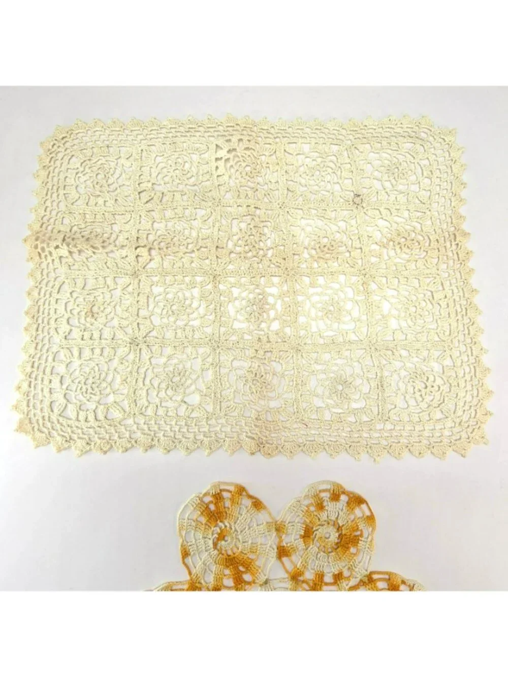 Handmade Vintage Crochet Lace Doily Set Rectangular & Floral Cream Orange CM2287